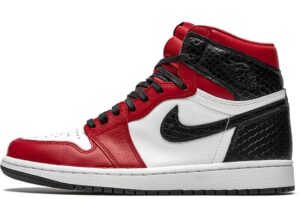 Nike Air Jordan 1 High Satin Snake красные с белым и черным кожаные мужские (40-44)